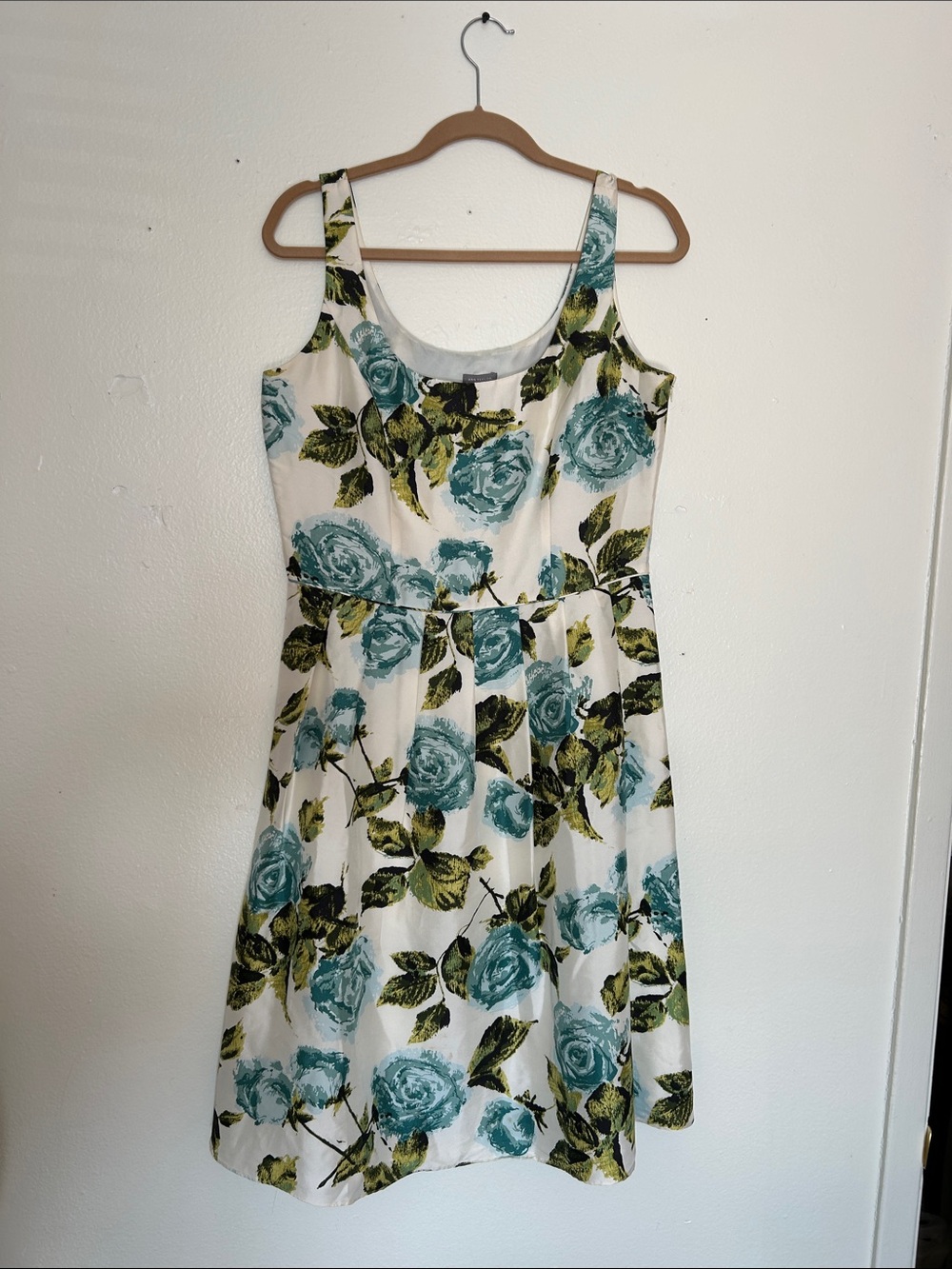 Ann Taylor silk Cream Midi Dress with Teal Rose Print